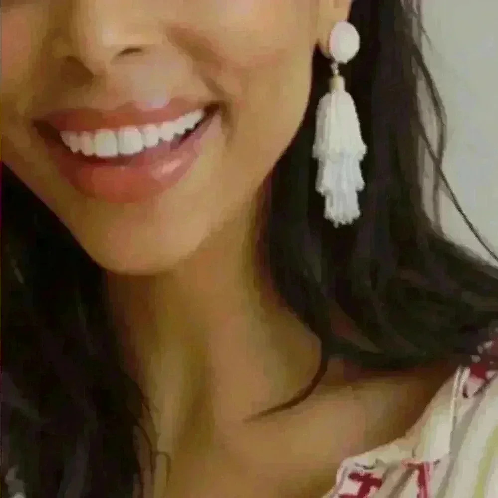 New Panacea Anthropologie Beaded White Tassel Earrings - Picture 2 of 6
